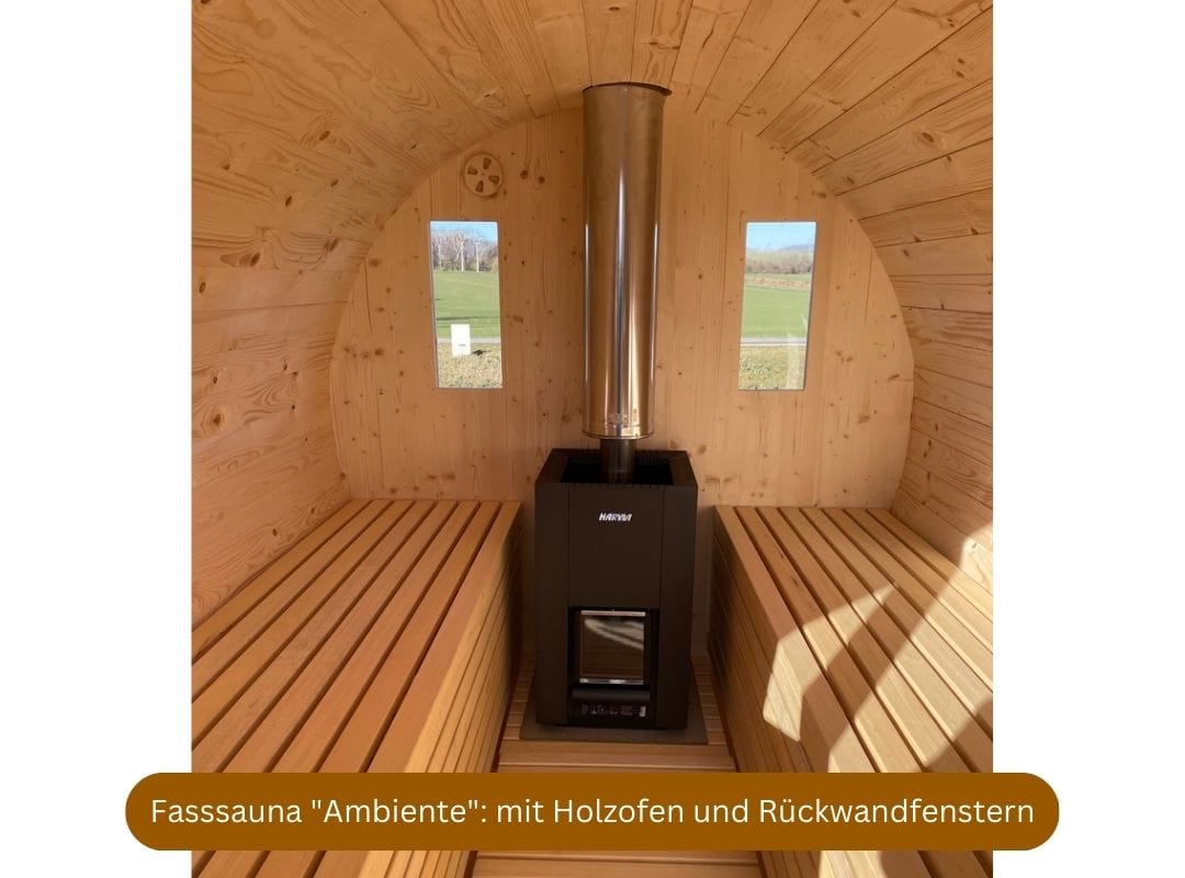 Montag Fasssauna mit Holzofen, Modell Ambiente, mit Rückwandfenstern