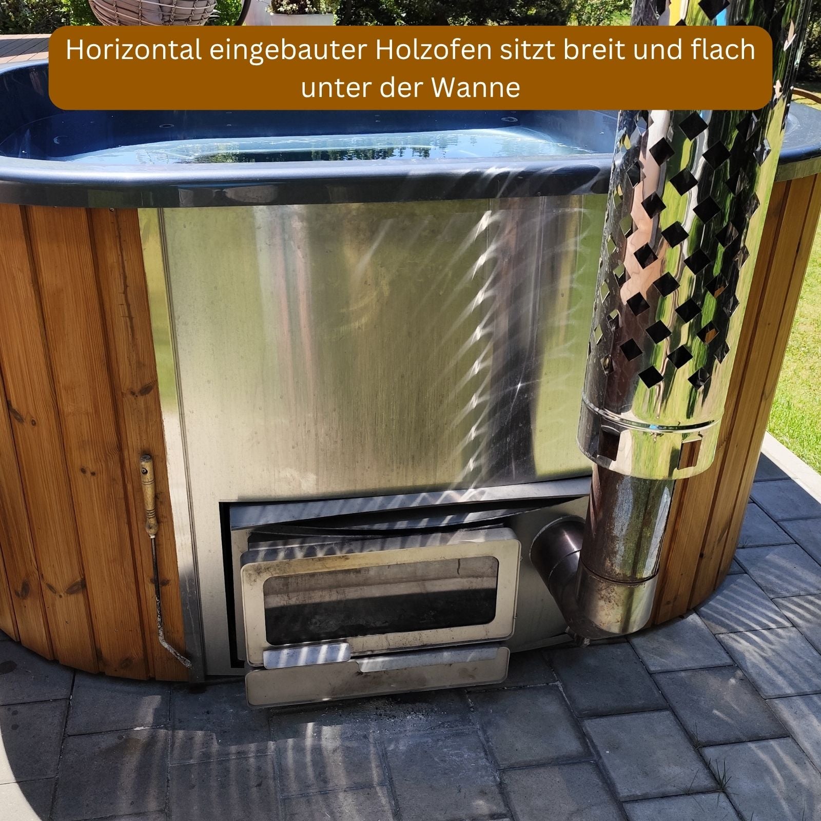 Hot Tub ECKIG 180 (Acryl, horizontaler Ofen) mit flachem, breiten Holzofen