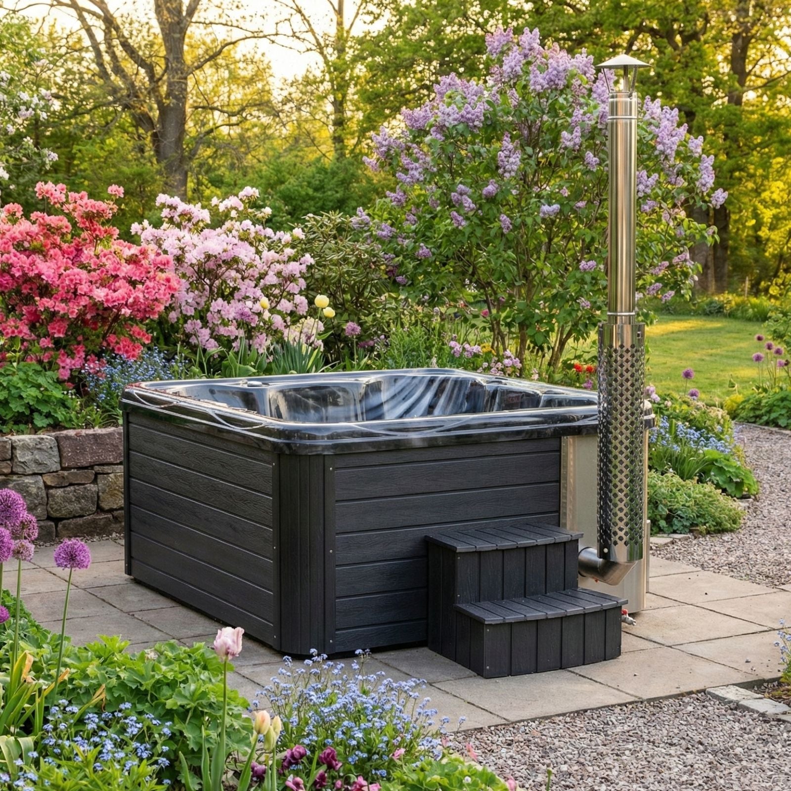 quadratischer Jacuzzi mit integriertem Holzofen